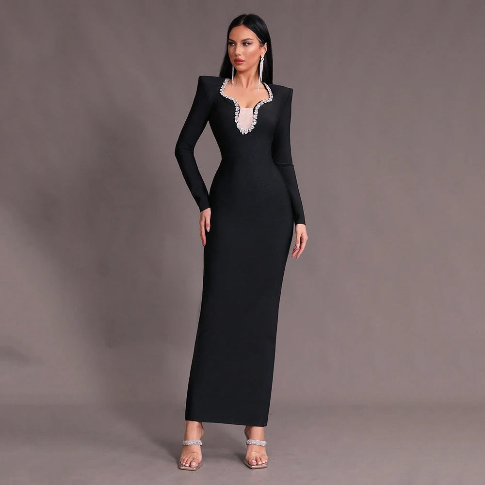 V-neck Diamond Mesh Long Sleeve Tight Long Bandage Dress