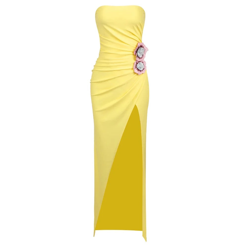 Yellow Sexy Strapless Draped Flower Details High Split Maxi Dress