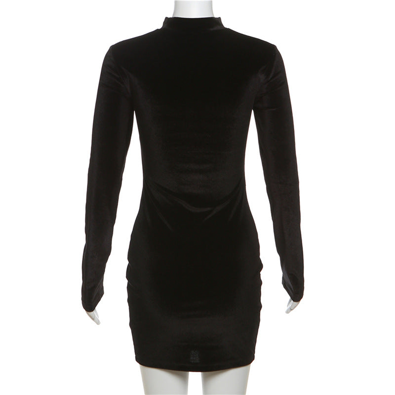 Hollowed out round Neck Long Sleeve Sheer Mesh Stitching Hip Dress