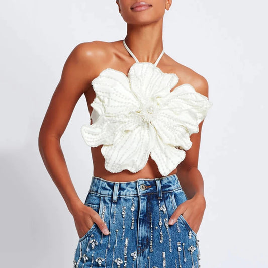 Handmade Beaded Flower Sexy Short Hanging Neck top