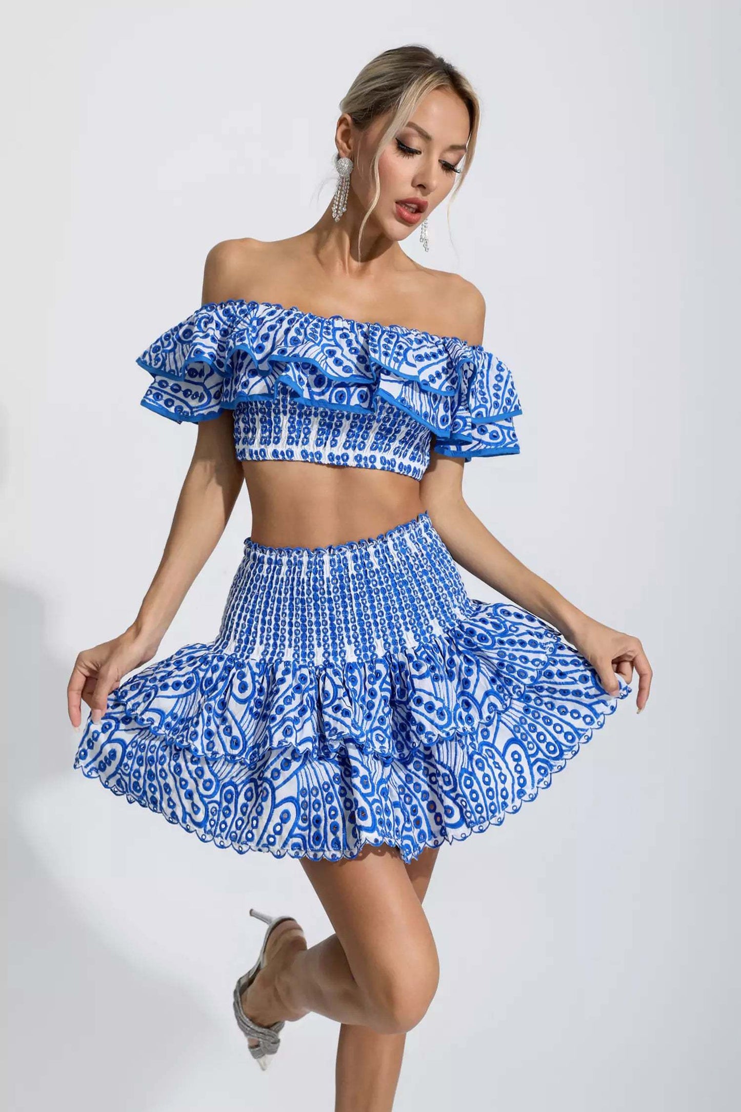 Blue Floral Ruffle Off-Shoulder Set