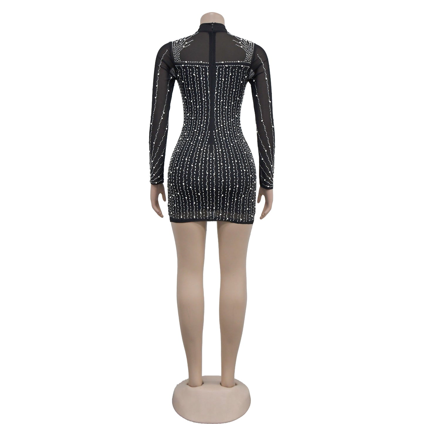 Long Sleeve Drilling Mesh See through Dress