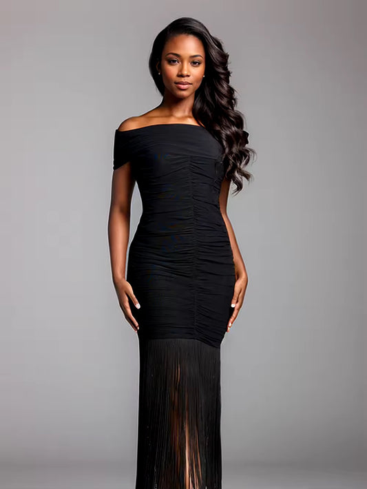 Off Shoulder Tassels Tight Long Dress