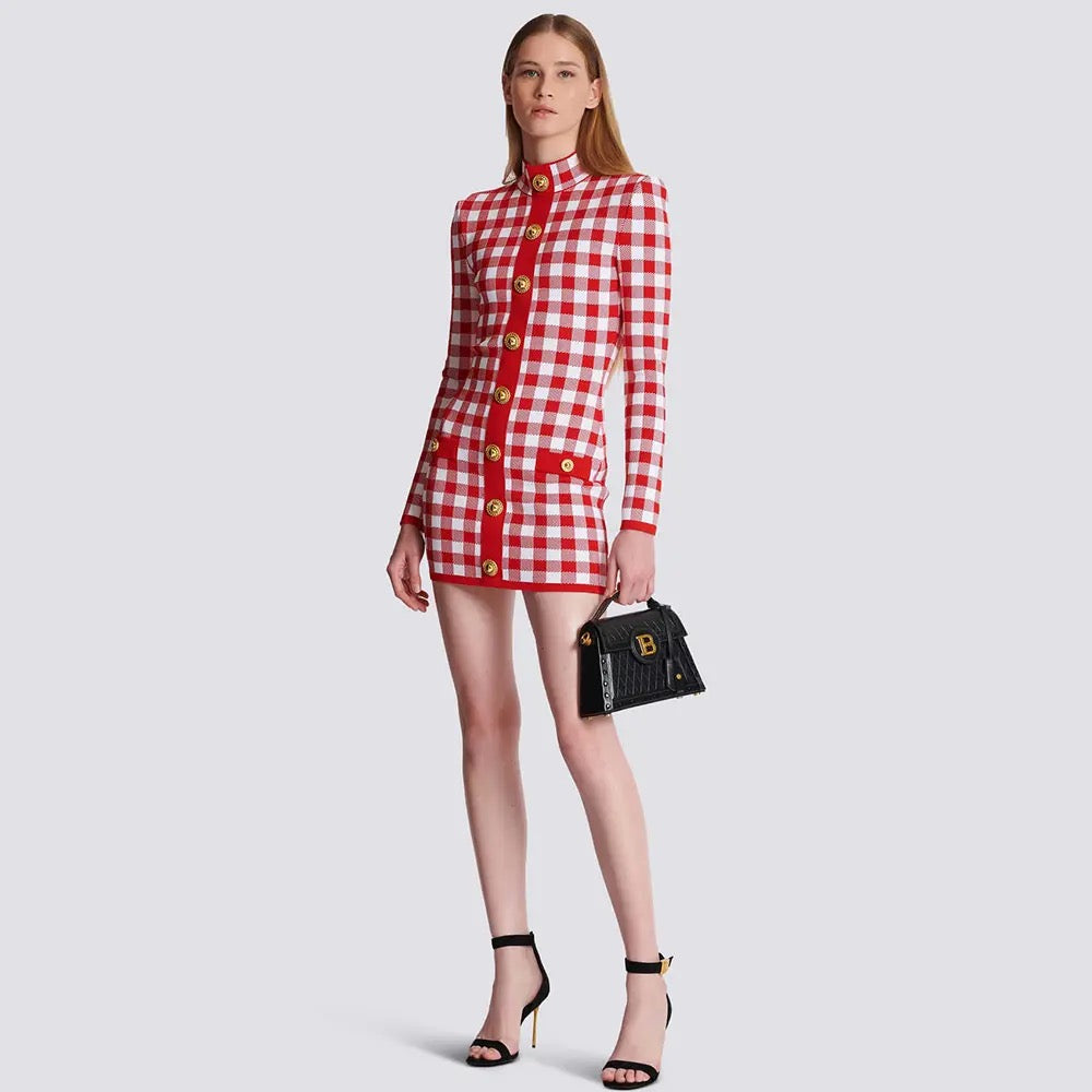 Long Sleeve Button Checkered Jacquard Tight Mini