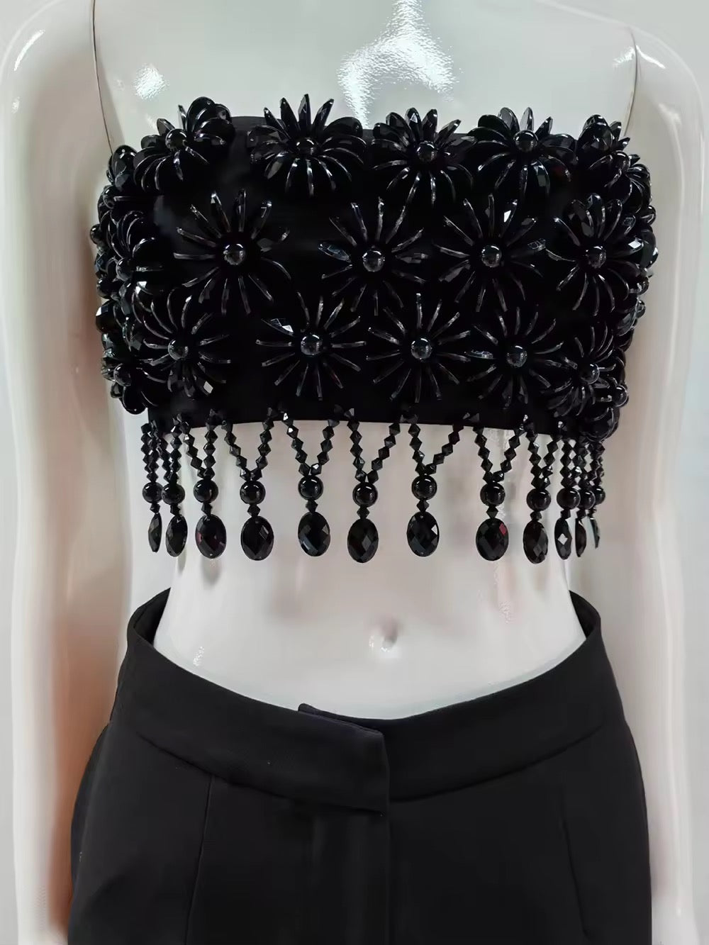 Black Bead Tassel Two Piece Pants Set