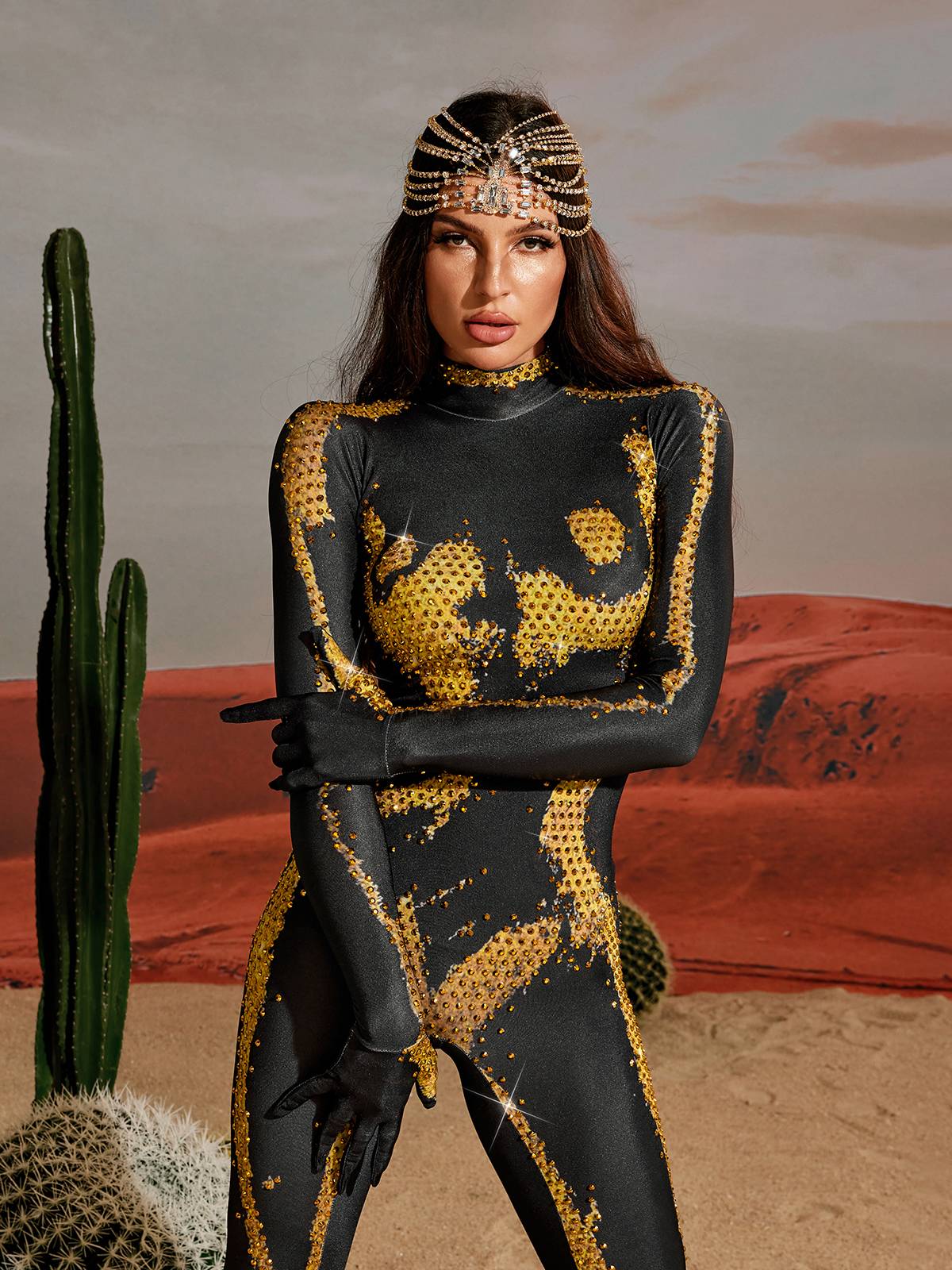 Body Printed Rhinestone Gloves Jumpsuit In Gold