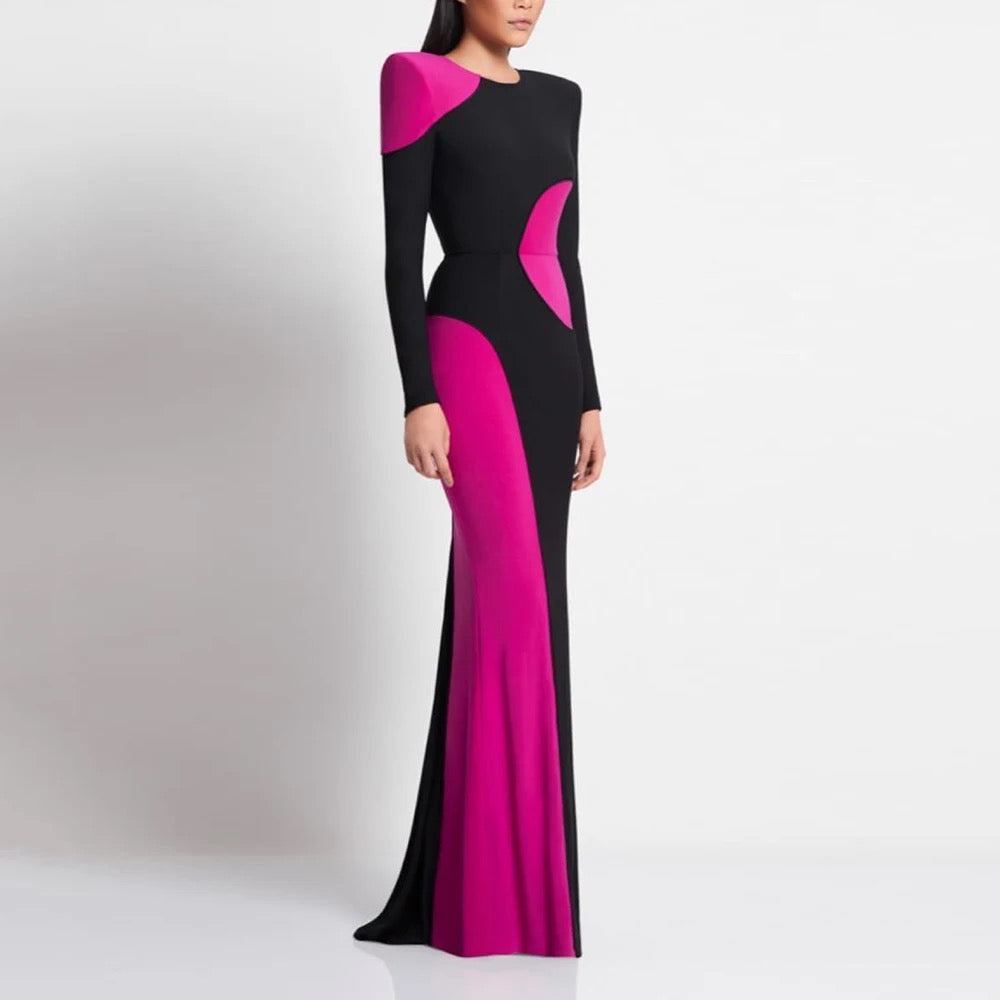 Color Block Long Sleeve Tight Long Bandage Dress