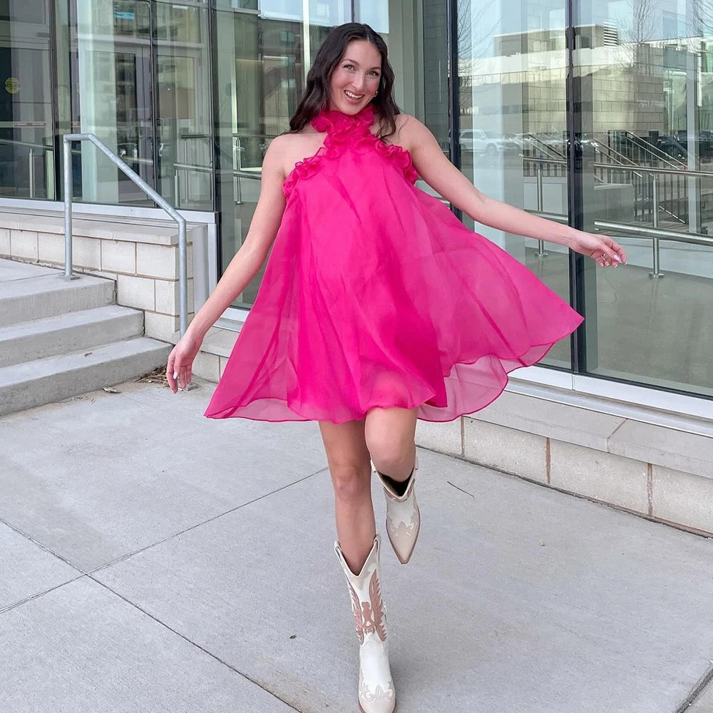 Rose Red Sexy Hanging Neck with Open Back Ruffle Edge dress