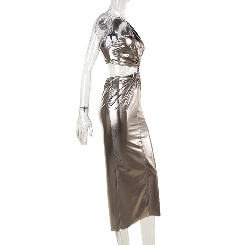 Oblique Shoulder Cropped Outfit Hollow Out Cutout Faux Metallic Coating Dress