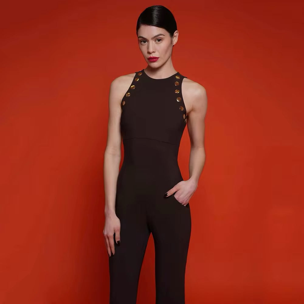 V-neck Sleeveless Round Neck Metal Sheet Sequin Tight Flare jumpsuit