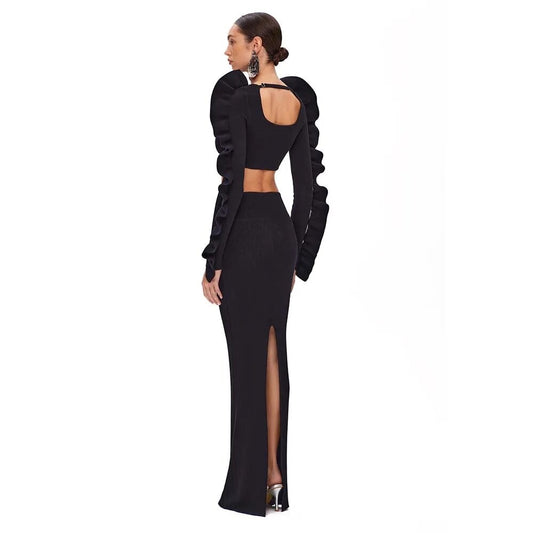 Tight Ruffle Edge Long Sleeve Short Top Long Dress 2-piece Set