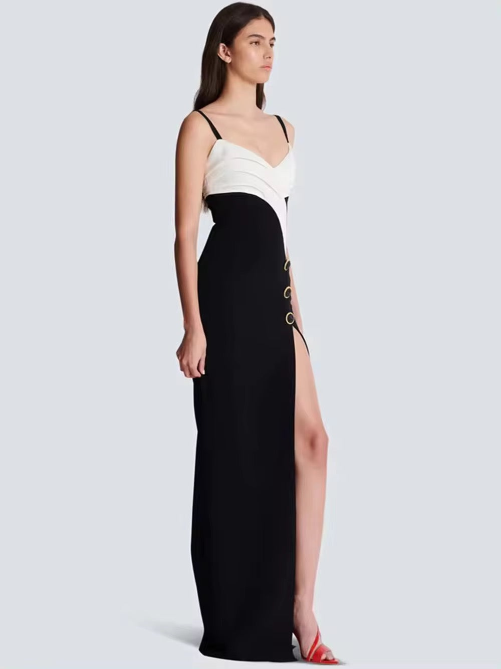 Patchwork Button Spaghetti Strap Backless Sexy Maxi Bandage Dress