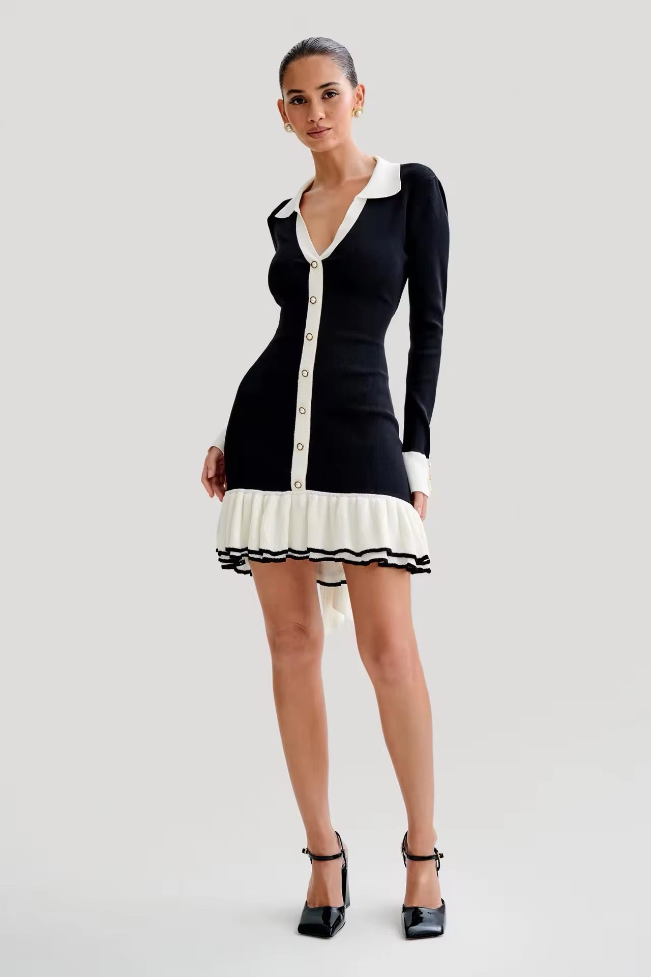 Contrast Knit Bowknot Back Pleated Mini Dress