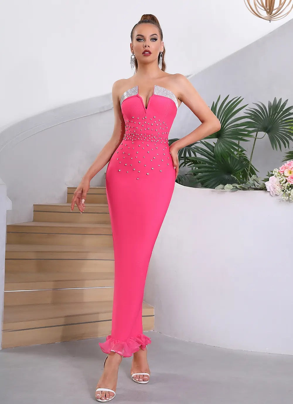 Strapless V-neck Diamond Tight Long Bandage Dress