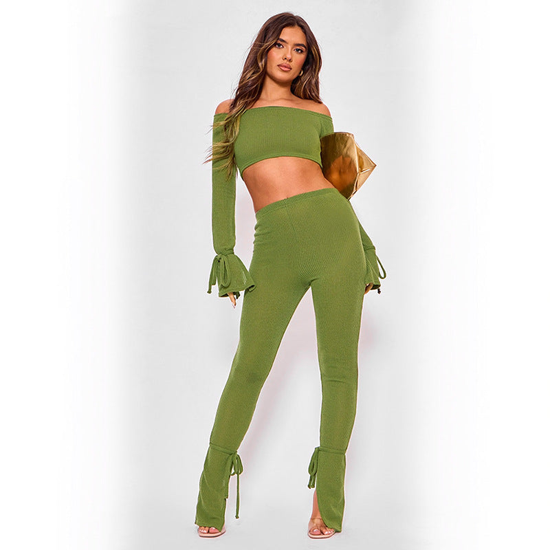 off the Shoulder Cropped Long Sleeve Top High Waist Trousers Lace up Set