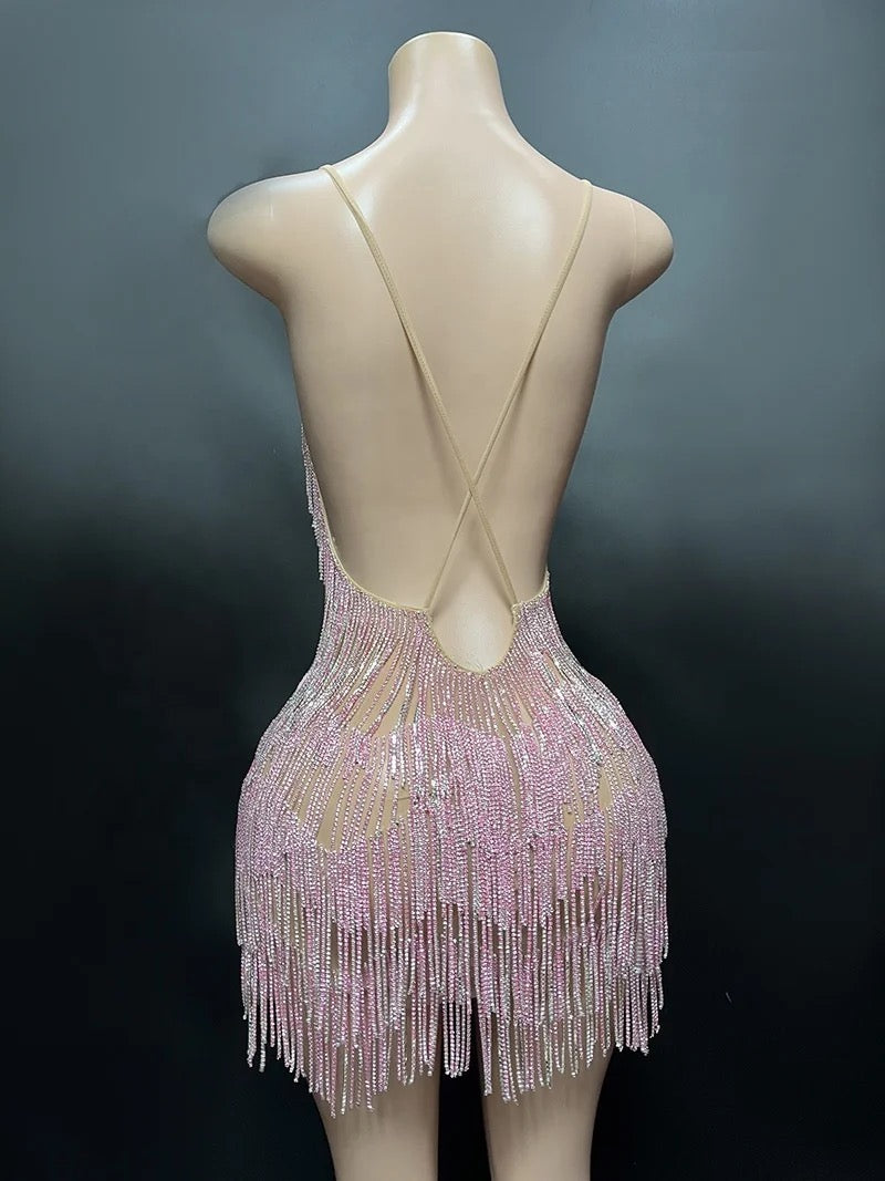 Crystal Chain Fringe Mesh Mini Dress In Pink