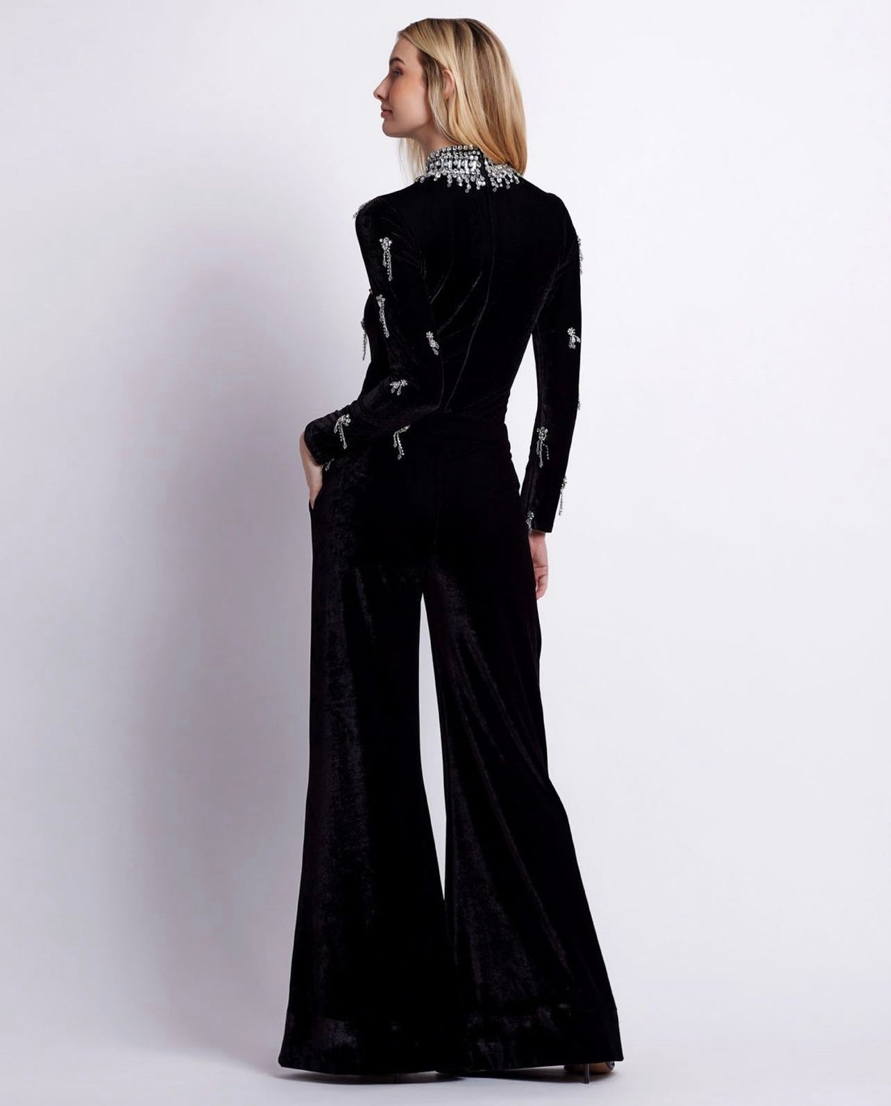 Turtleneck Beading Diamonds Bandage Jumpsuits Wide Leg Pants