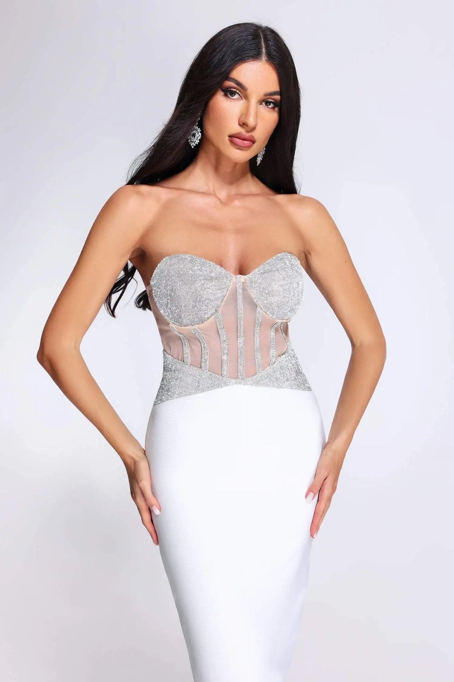 Strapless Tight Long Bandage Dress Sexy V-neck Diamond Midi Dress