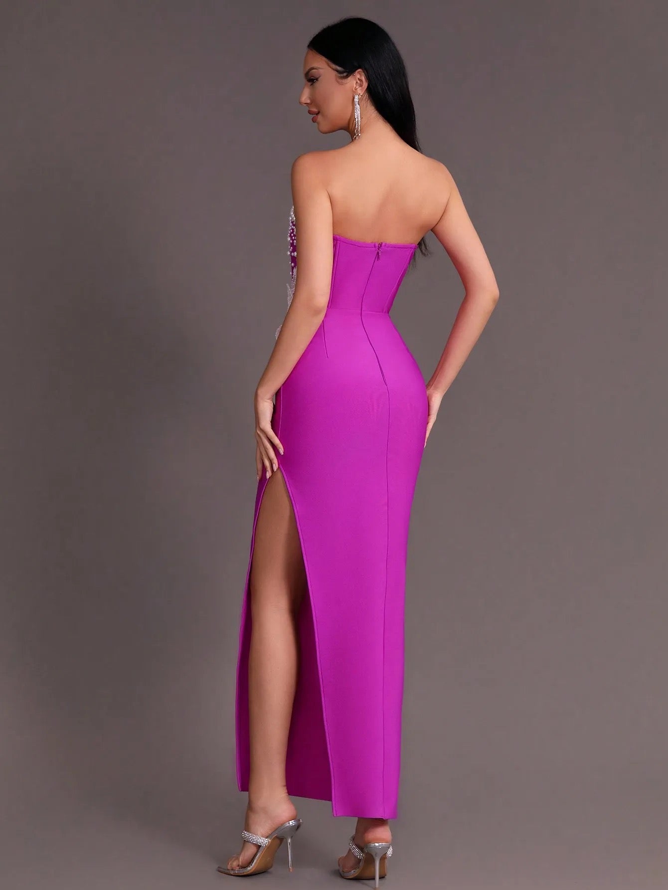 Beaded Sexy Strapless Side Split Long Bandage Dress