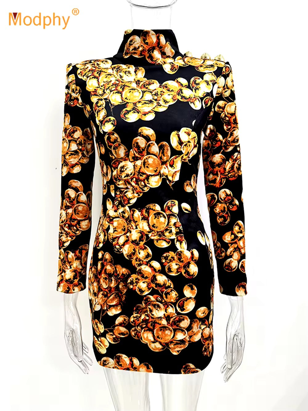 Grape Printed Gold Velvet Turtleneck Slim Mini Dress