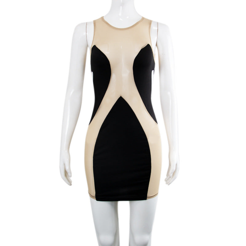 Mesh See-through Stitching Milk Silk Dress