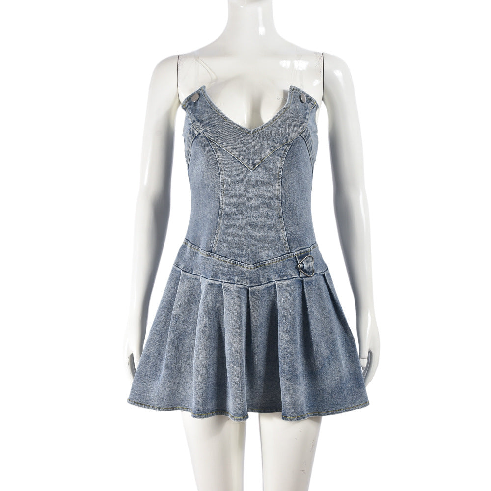 French Pleated V neck Denim Dress