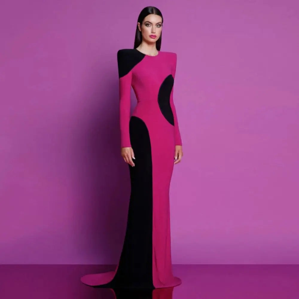 Color Block Long Sleeve Tight Long Bandage Dress