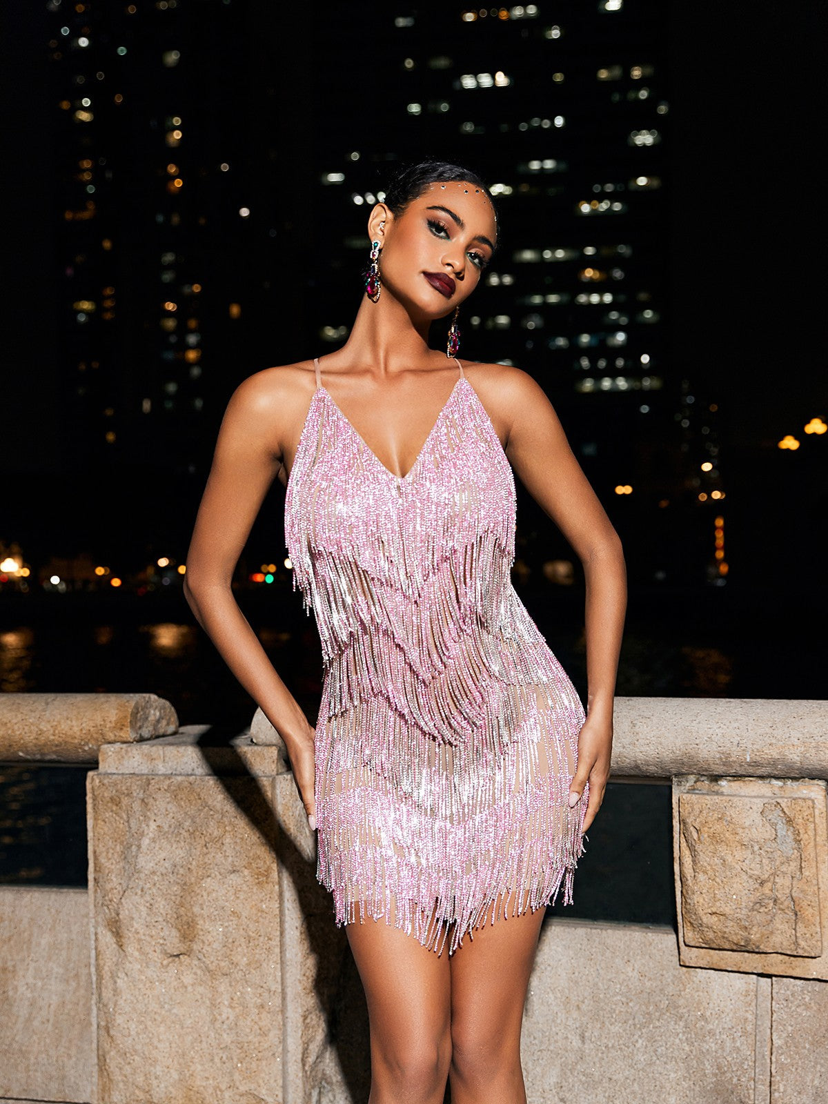 Crystal Chain Fringe Mesh Mini Dress In Pink