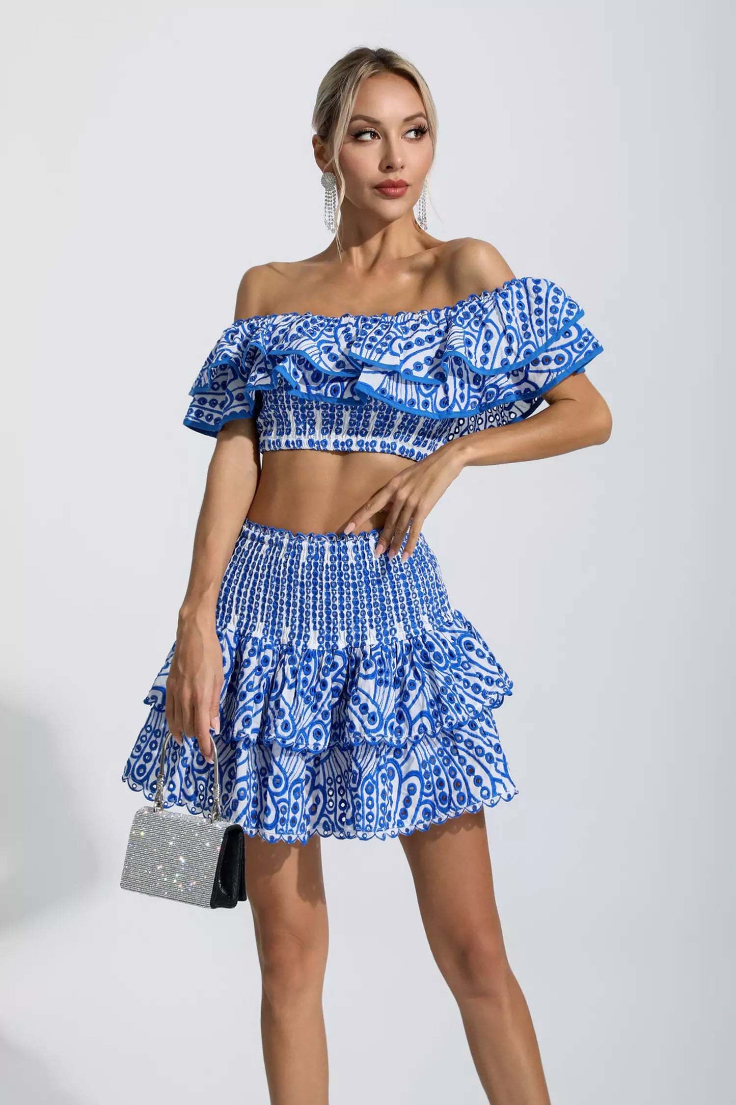 Blue Floral Ruffle Off-Shoulder Set