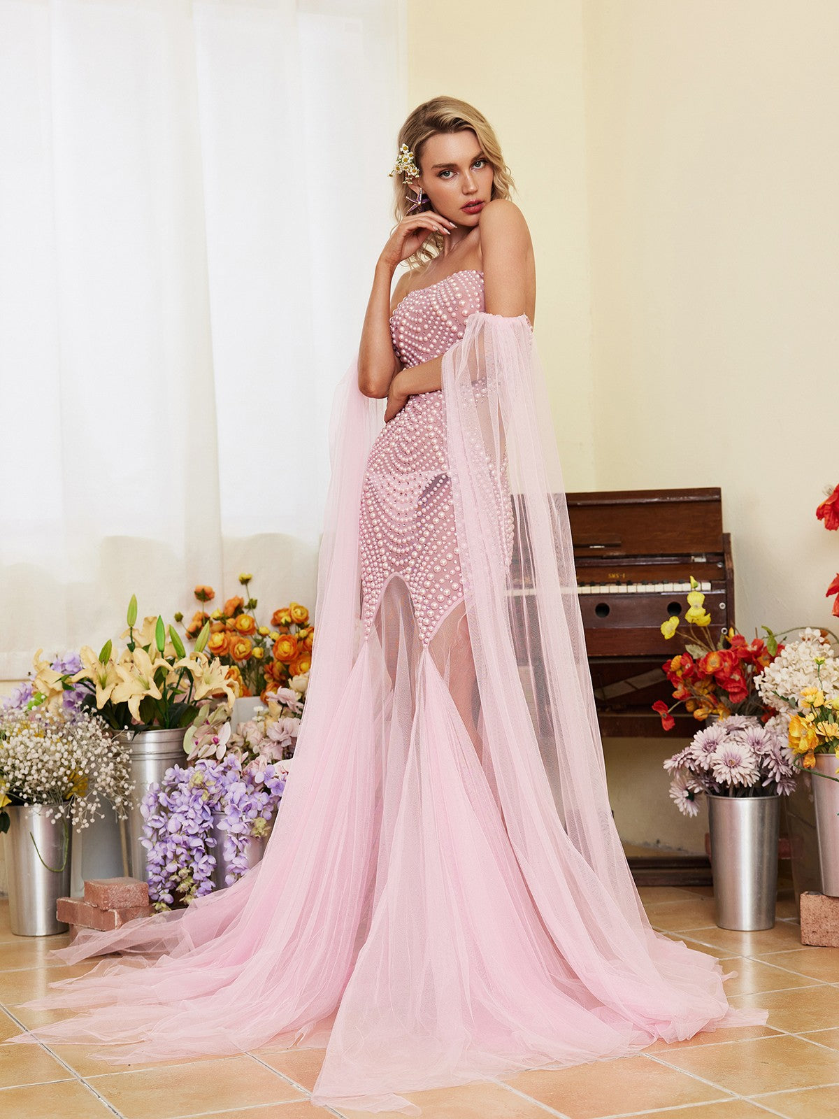 Pearl Embellished Tulle Maxi Dress