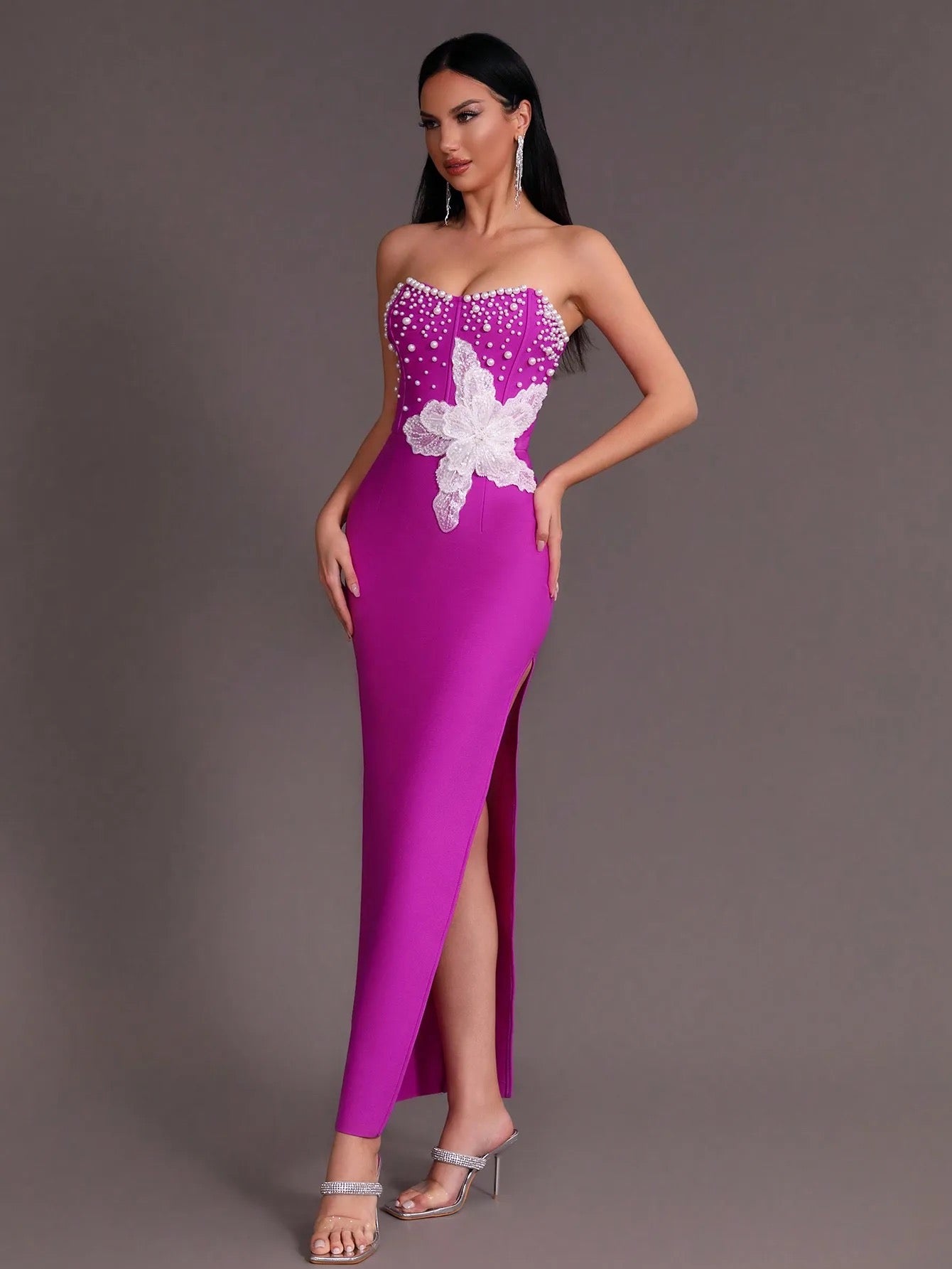 Beaded Sexy Strapless Side Split Long Bandage Dress