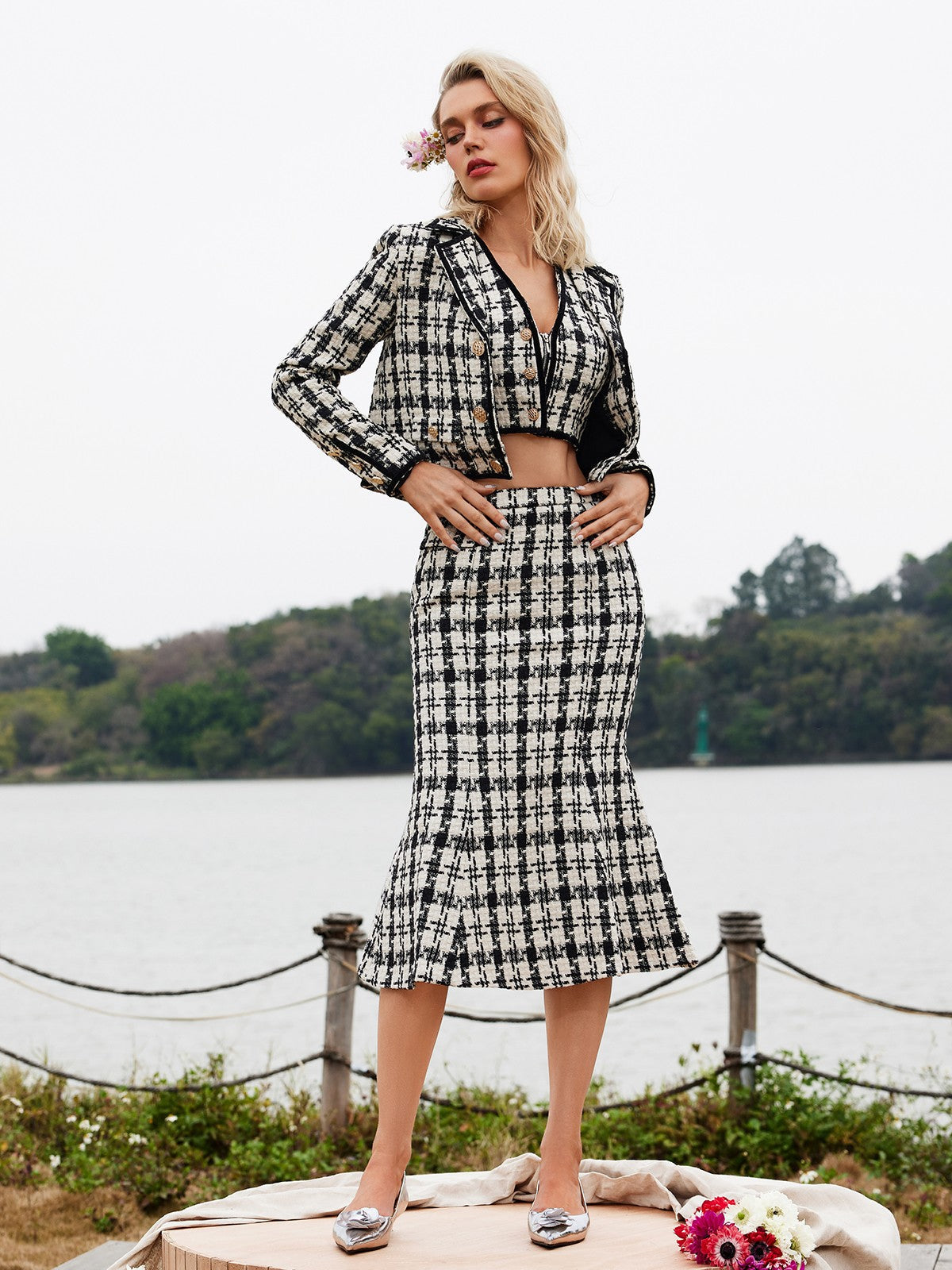 Houndstooth Skirt Three Piece Set