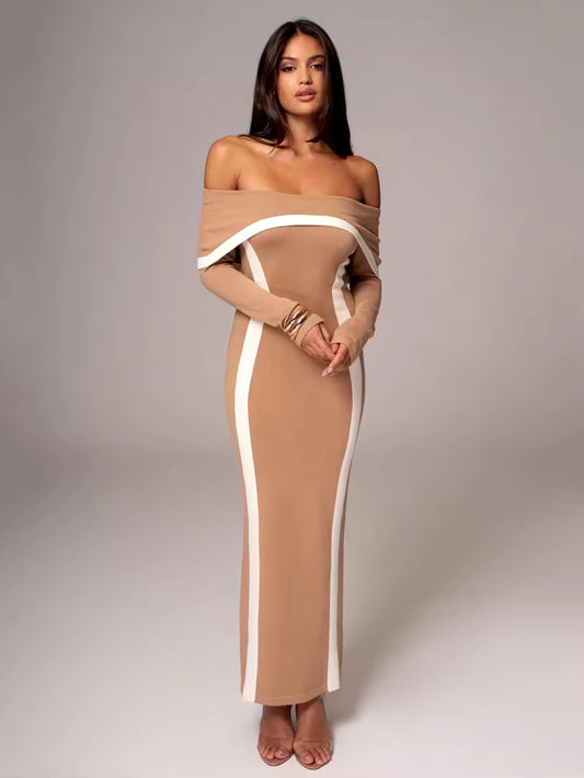 Slash Neck Long Sleeved Tight Bandage Long Dress