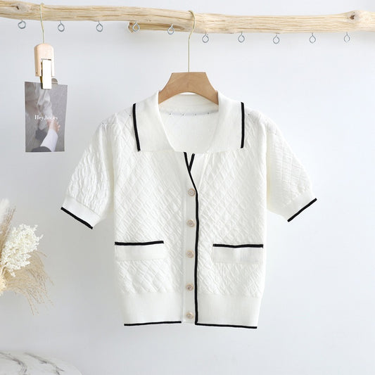 Slim Short Polo Short Sleeve Cardigan Collared Classic Thin Top