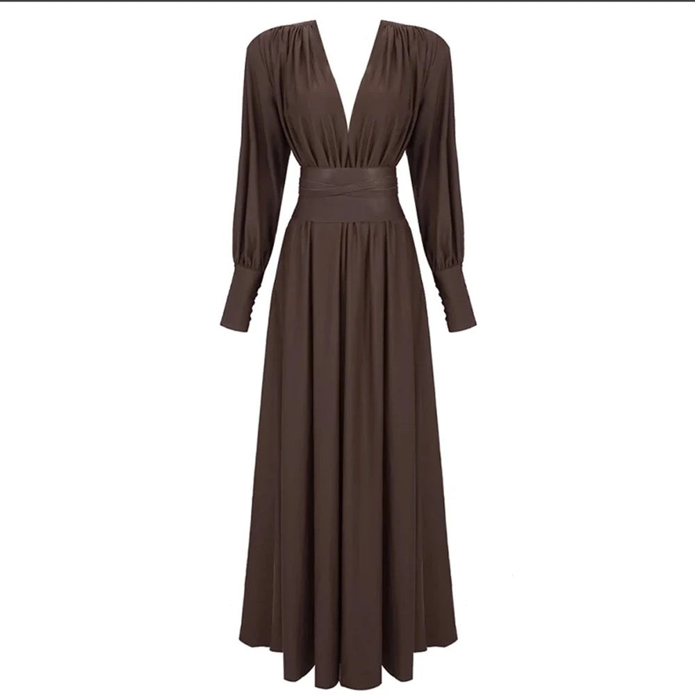 V-neck, High Waist Belt, Long Sleeves Dress