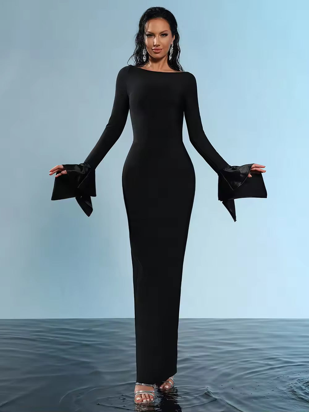 Patchwork Long Sleeves Round Neck Balck Bandage Maxi dress