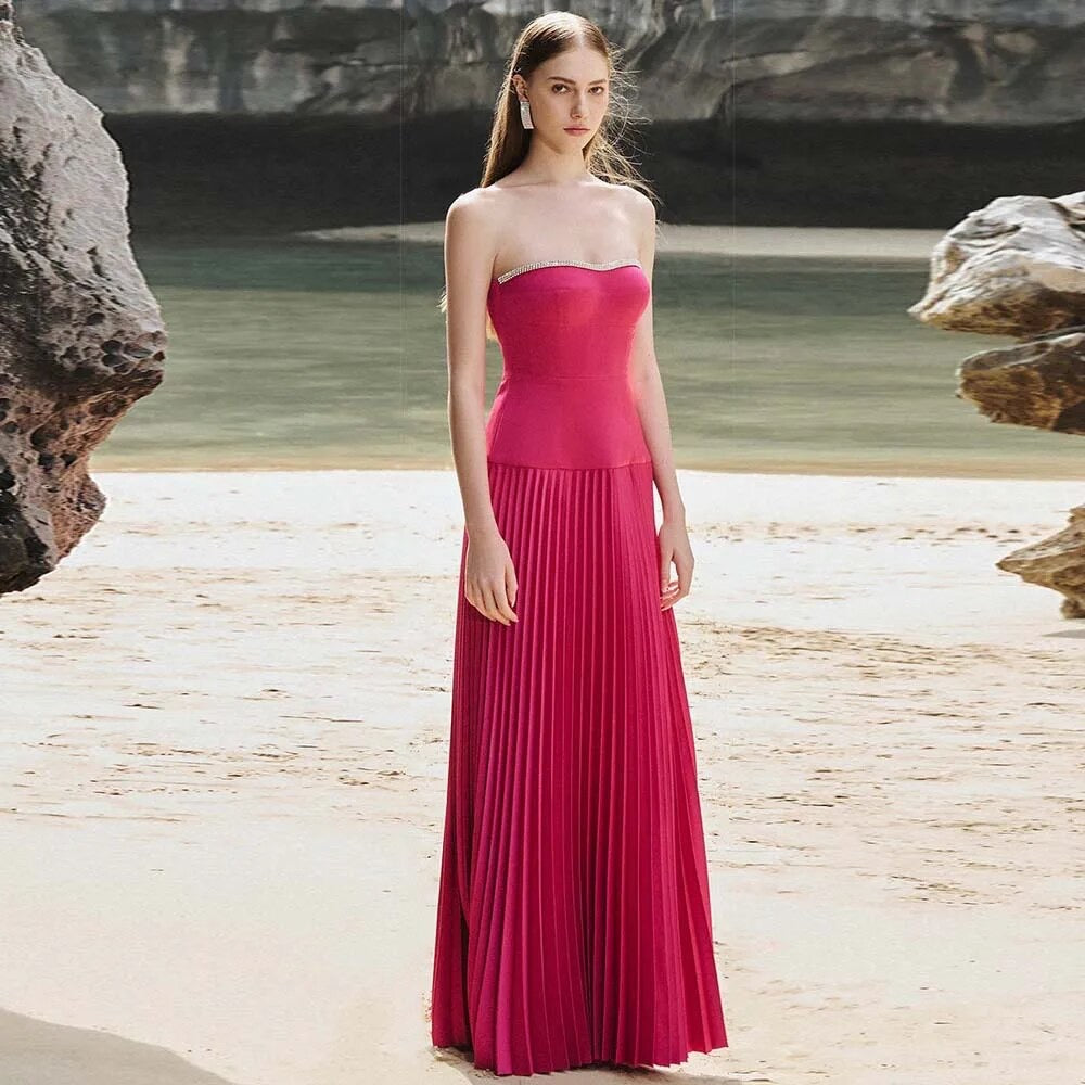 Rose Red Sexy Strapless Slim Fit Long Dress