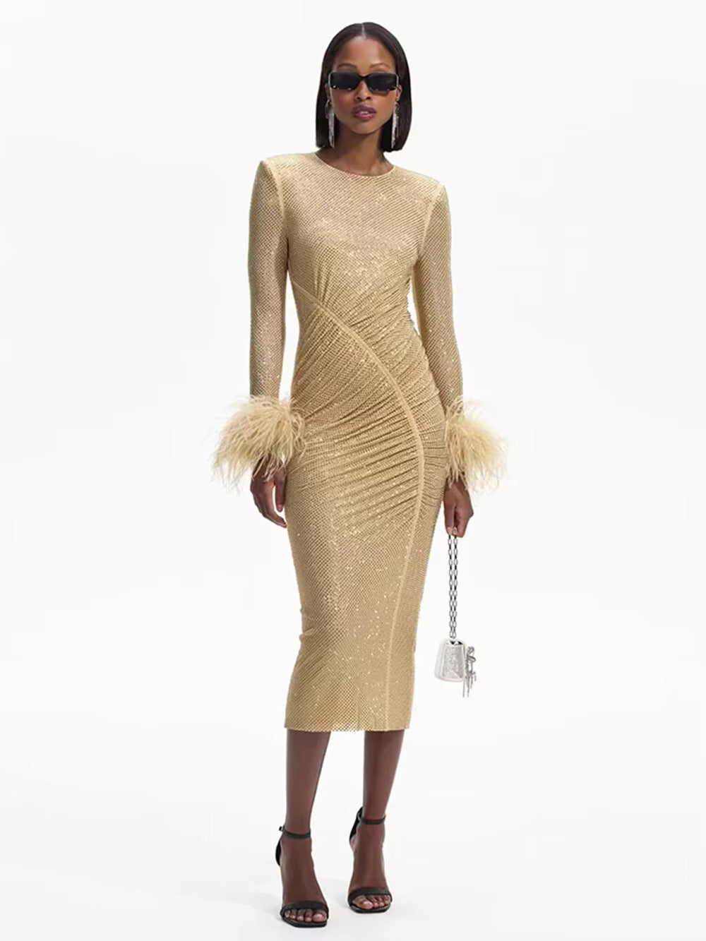 O Neck Long Sleeve Diamond Feathers Bodycon Midi Dress