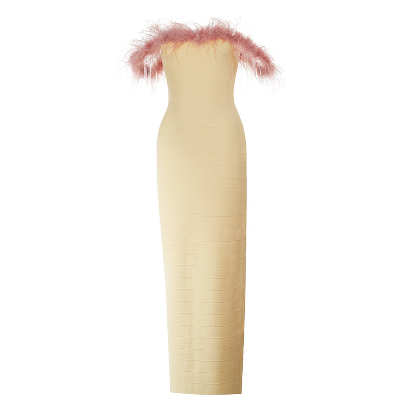 Shoulderless Feather Design Bandage Dress