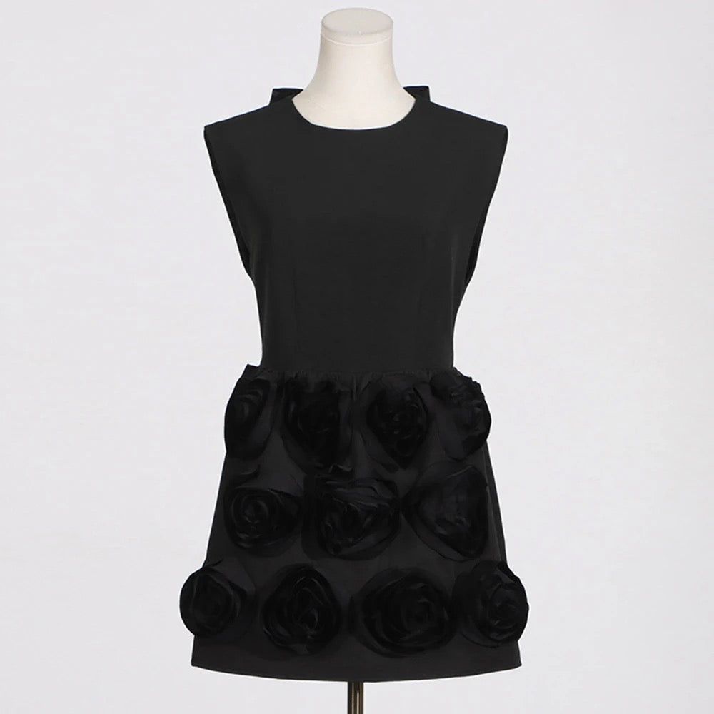 Sleeveless 3D Rose Applique Black Tight Mini Dress