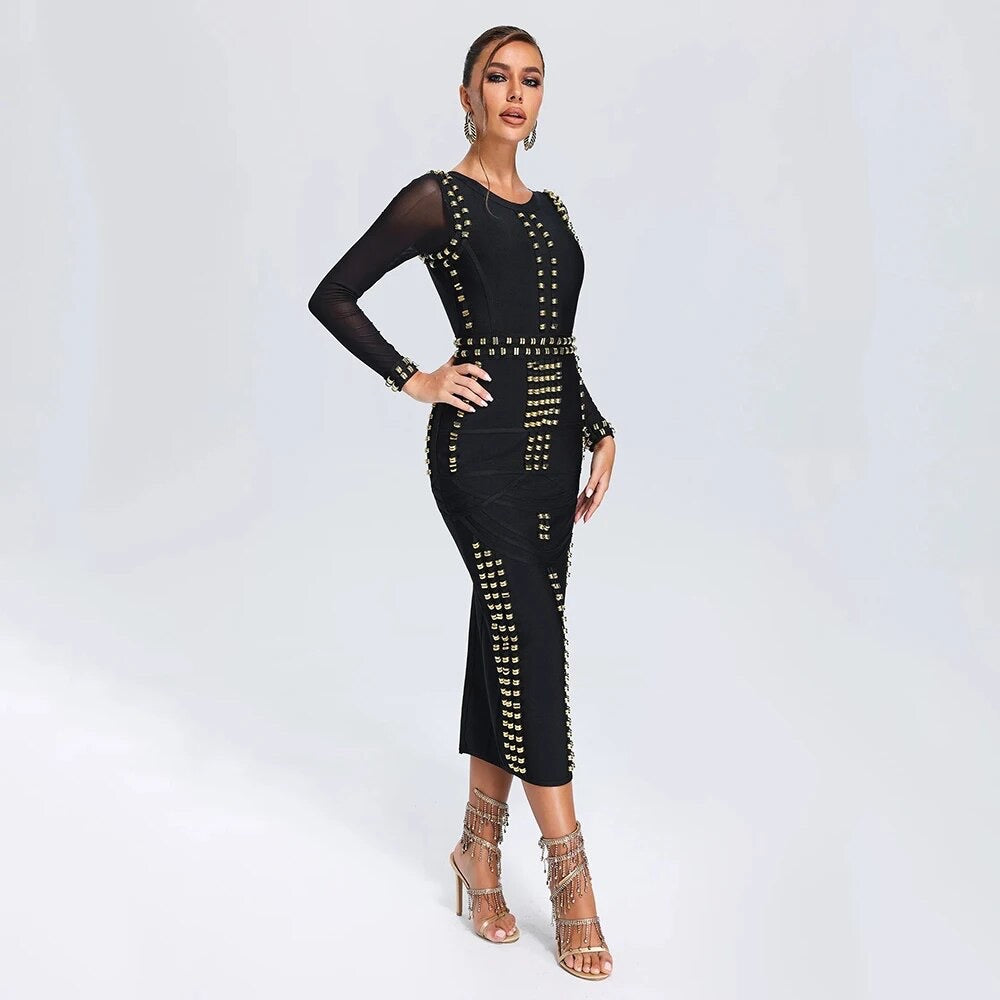 Round Neck Long Sleeve Metal Button Tight Bandage Dress