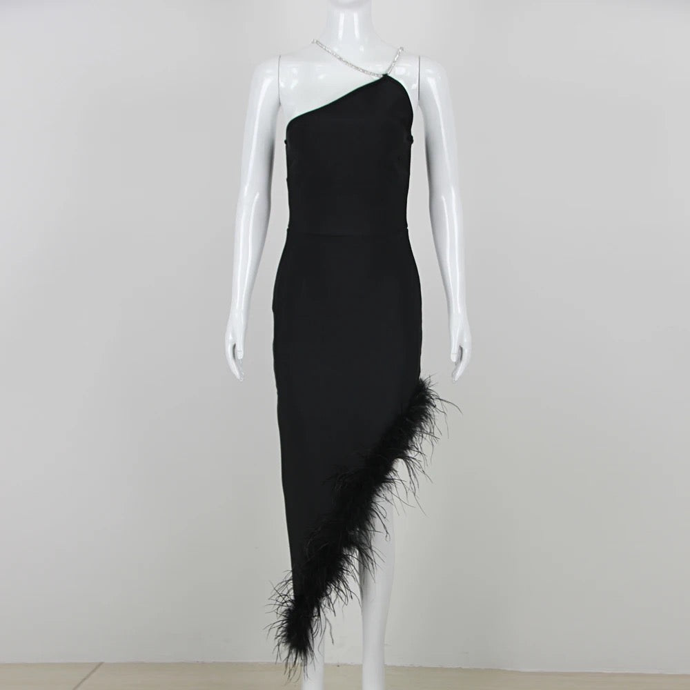 One Shoulder Sexy Sleeveless Crystal Feather Maxi Bandage Dress