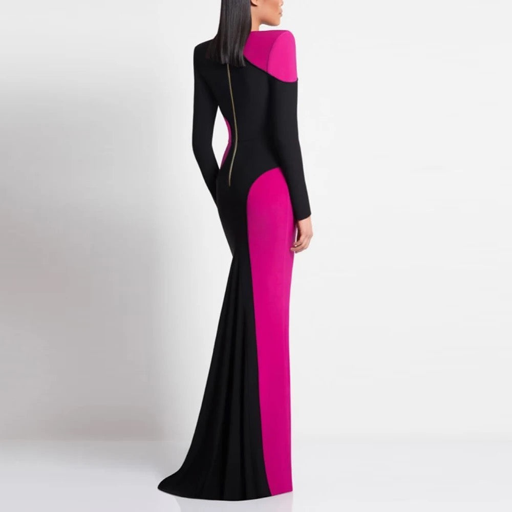 Color Block Long Sleeve Tight Long Bandage Dress