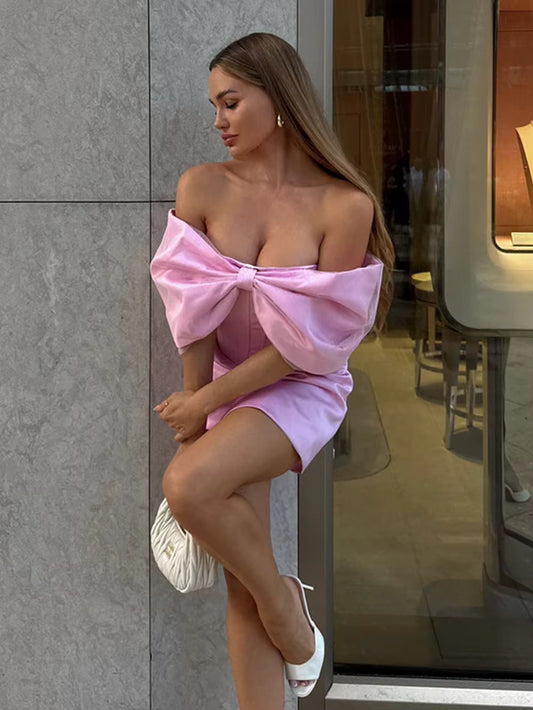 Off Shoulder High Waist Pink A-Line Mini Dress