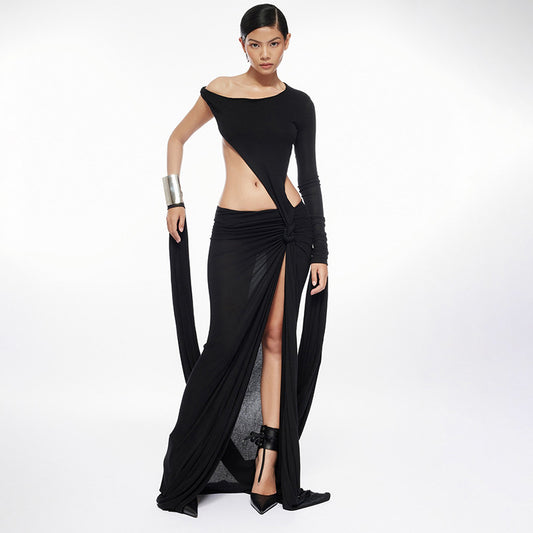 Sexy Large Hollow Out Cutout out Single Side Long Sleeve Asymmetric Length Dress