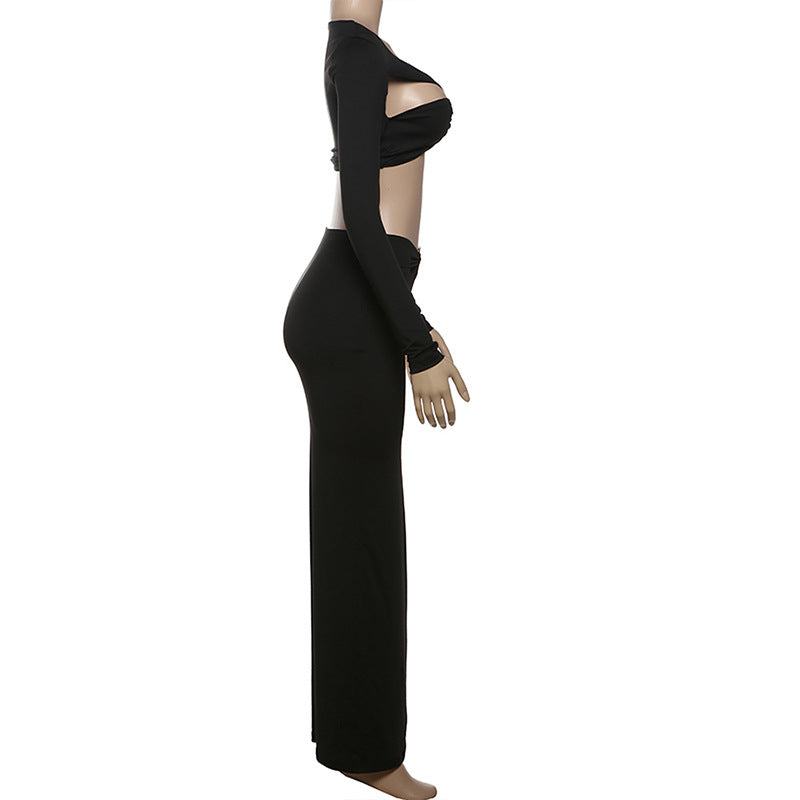 Long Sleeve Hollow Out Cutout Cropped Top Close Fitting Slim Fitting Maxi Skirt Set