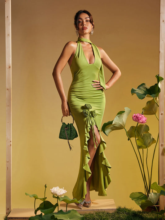 Halterneck Flower Ruffle Maxi Dress In Green