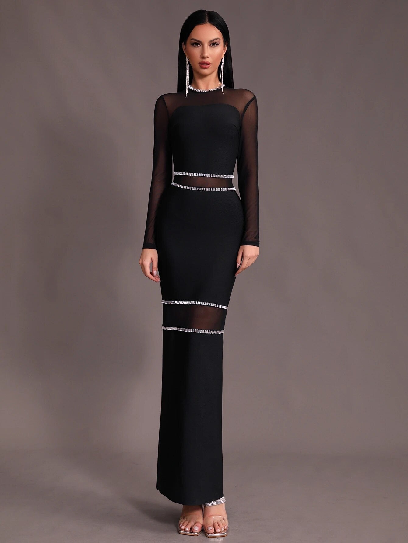 Spliced Mesh Diamond Tight Bandage Long dress