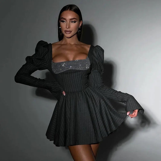 Black Pink Stripe A-line Diamond Sequins Long sleeved Sexy Mini Dress