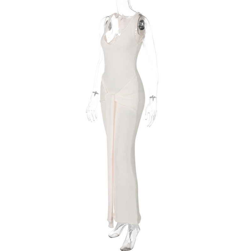 Deep V Plunge Solid Color See Through Sleeveless Stitching Ribbon Maxi Dress